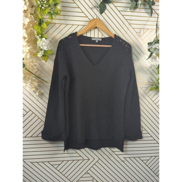 Neiman Marcus Women Black Cashmere Long Slv Slipover Sweater Side Laceup  READ - Picture 2 of 8